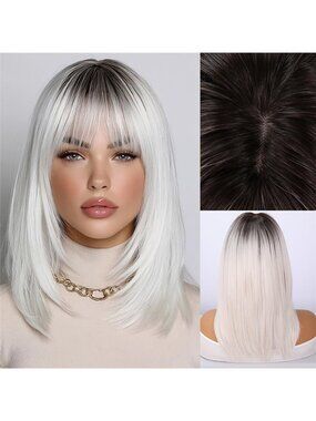 White Gradient Straight Hair Women's Glue-free Wig | with Bangs Simulation